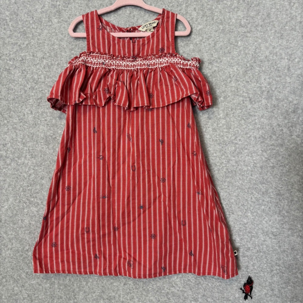 Lucky Brand Girls 6X Ruffle Dress Red White Striped‎ Western Smocked Sundress
